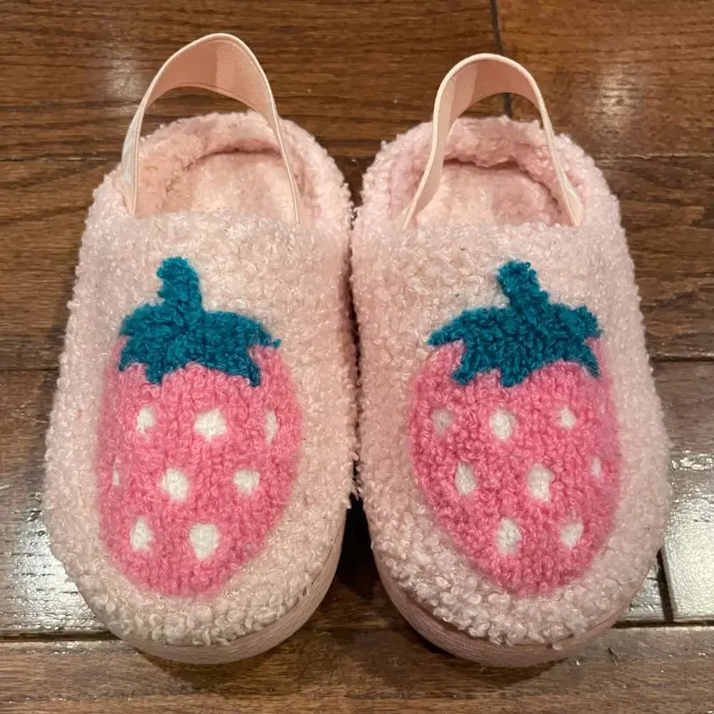 Kids Strawberry Teddy Fleece Slippers Pink Cozy House Shoes Size 5-6